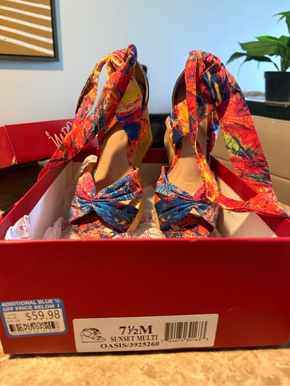 Impo Sunset Multi Tie-Up Wedge Sandals - Red, Blue, Yellow